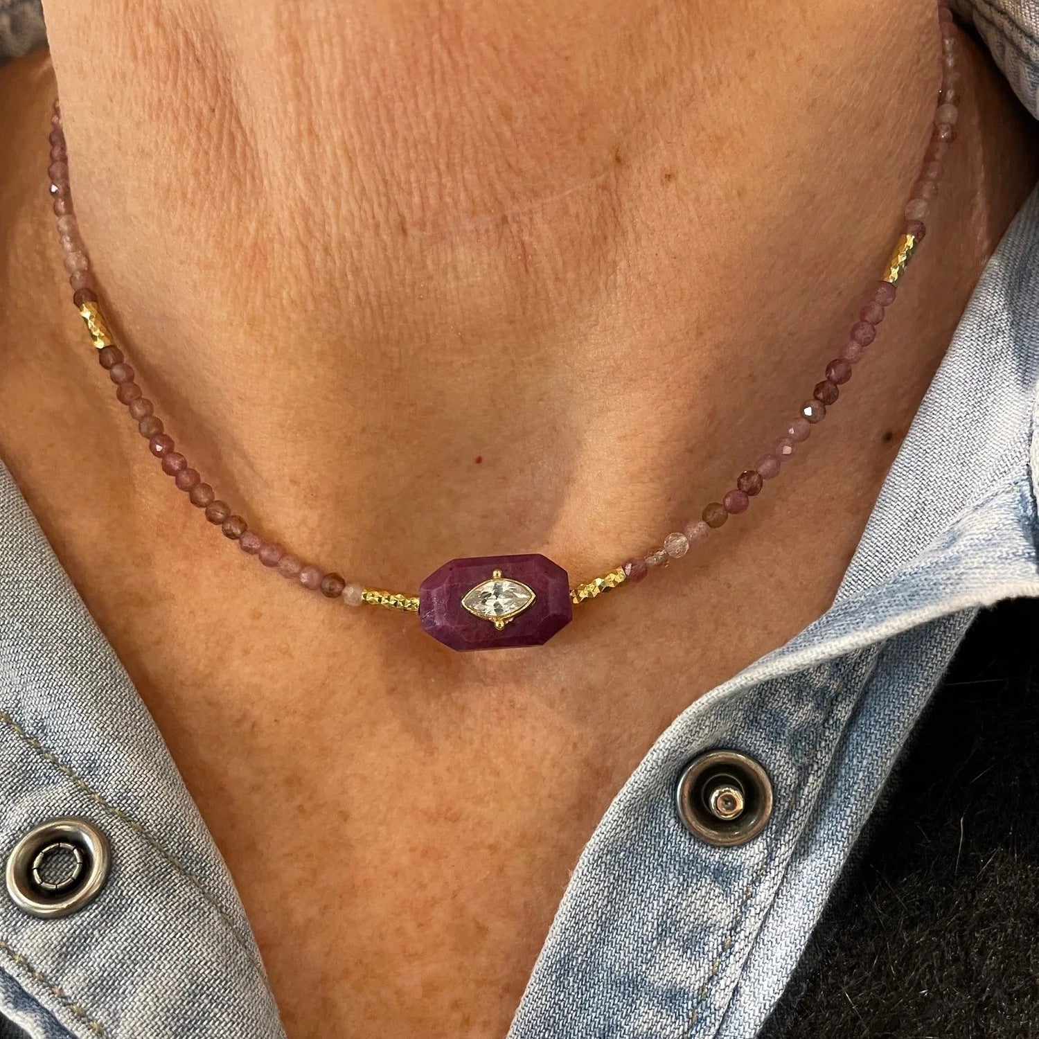 Wholesale Fashion Evil Eye Zircon Bead Necklace Gold Plated Copper Purple Jewelry Accessory