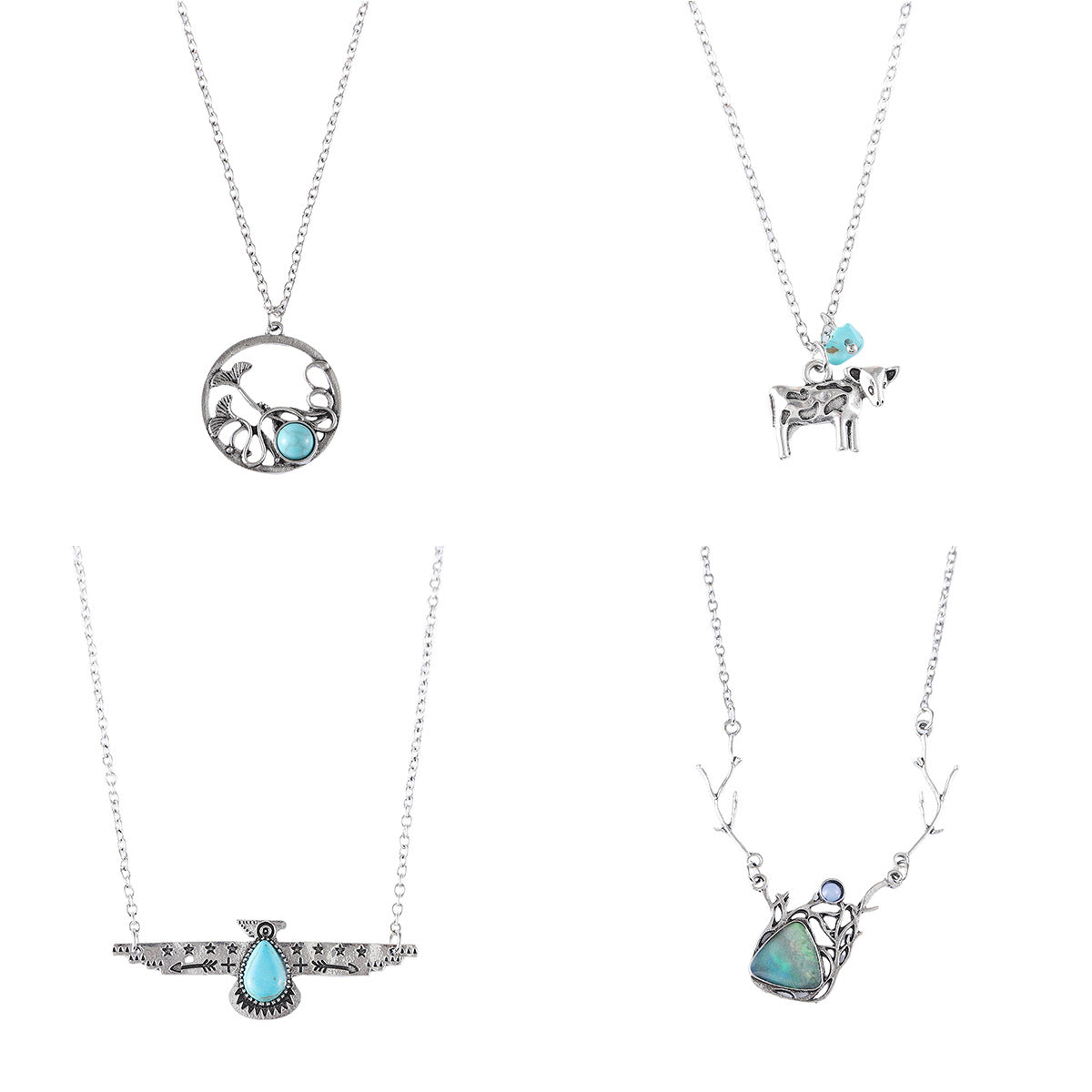 Wholesale Retro Hollow Lotus Leaf Cow Hummingbird Turquoise Necklace