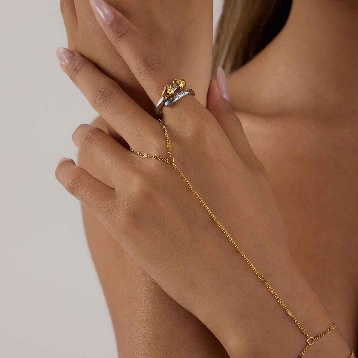 Wholesale Stainless steel  Ring Gold and Silver Color Matching Heart Adjustable Opening Jewelry