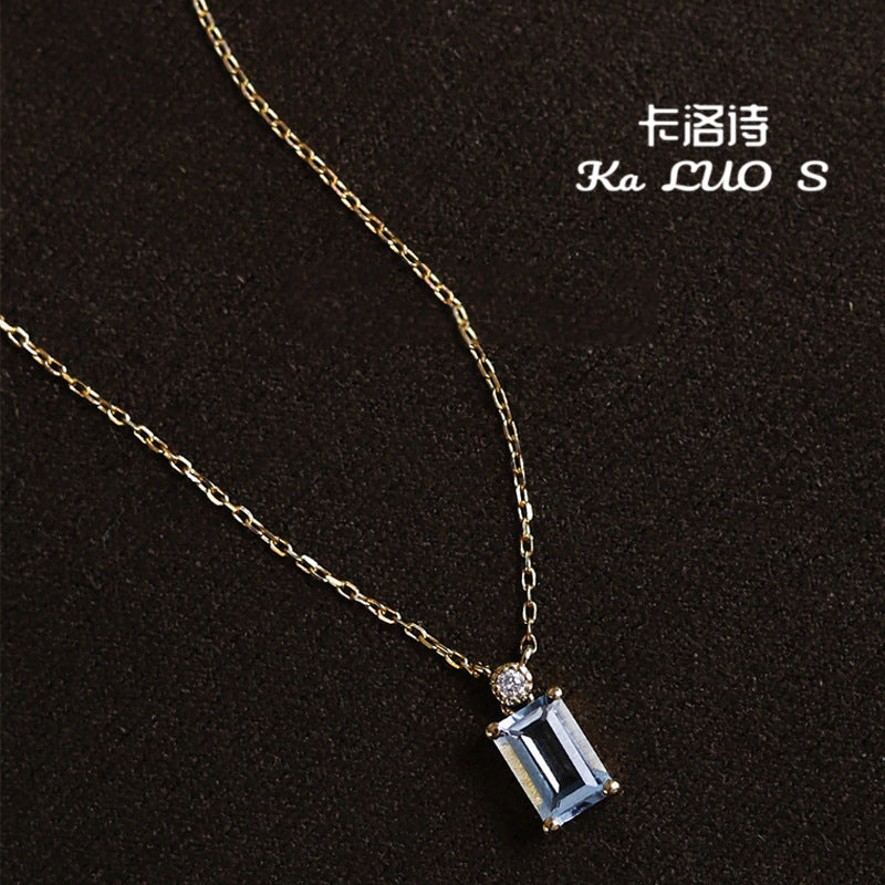 Wholesale 925 Sterling Silver Plated 18k Gold Square Aquamarine Collarbone Necklaces