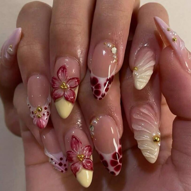 Wholesale 10 Pieces Almond Shaped Press On Nails Pink Gradient Floral Pearl Design Sweet Everyday Fashion Accessory Gift For Women