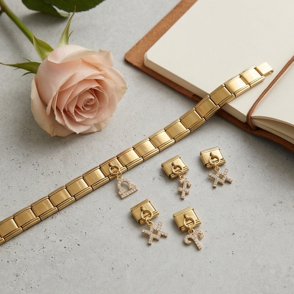 Wholesale 12 Zodiac Signs Rhinestone Pendant Bracelet Stainless Steel Fashion Jewelry Accessory Gift For Boutique Resale