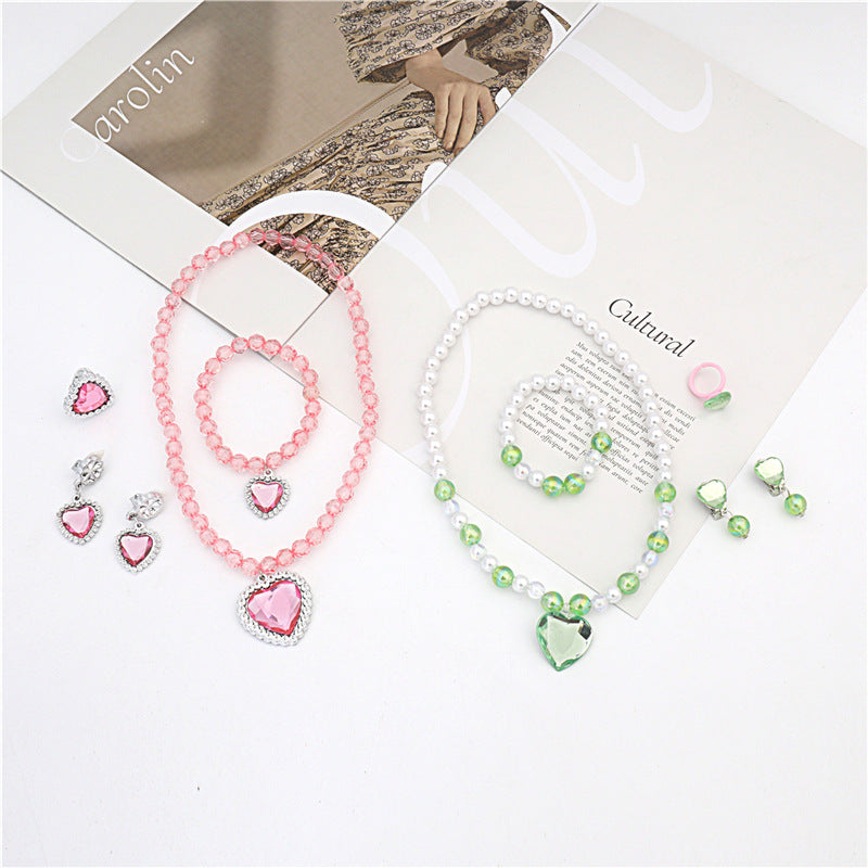 Wholesale Girls' beaded necklace bracelet ear clip ring five-piece  jewelry suit