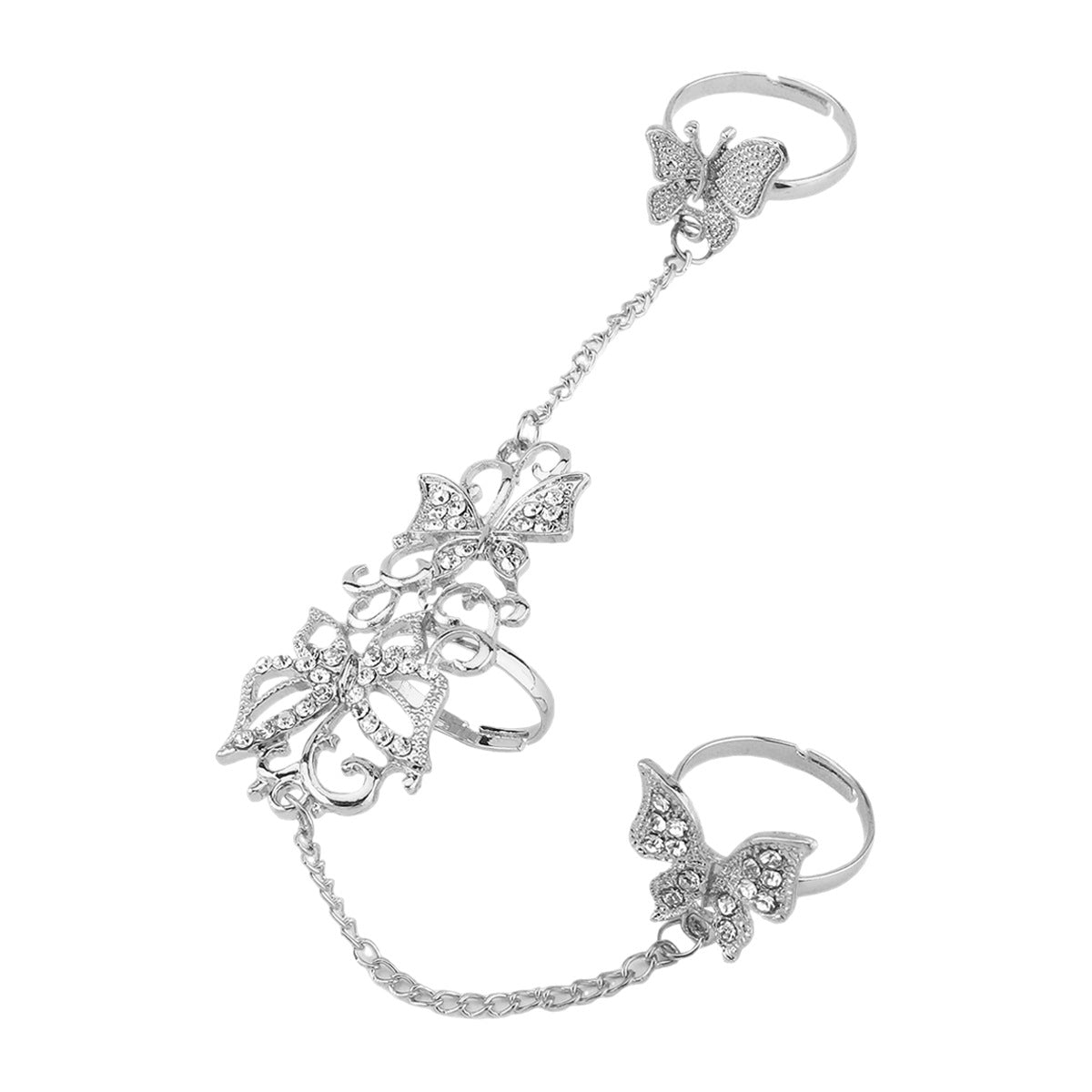 Wholesale personality exquisite butterfly hollow rhinestone conjoined ring opening adjustable