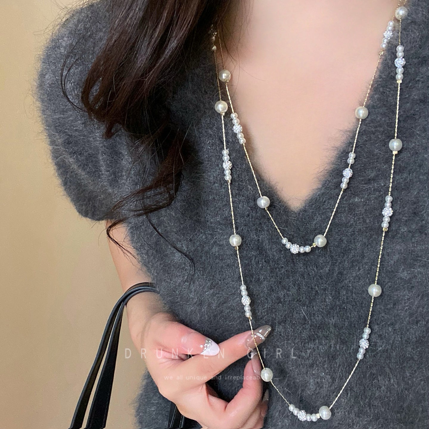 Wholesale Alloy Gypsophila Pearl Layered Long Necklace Trendy Sweater Chain For Women Everyday Party Jewelry Accessory