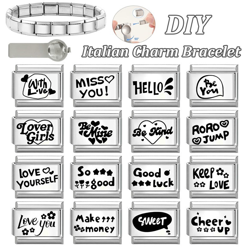 Wholesale Italian Charm Bracelet 9mm DIY Splicing Black and White Lettering Stainless Steel Composable Bracelet