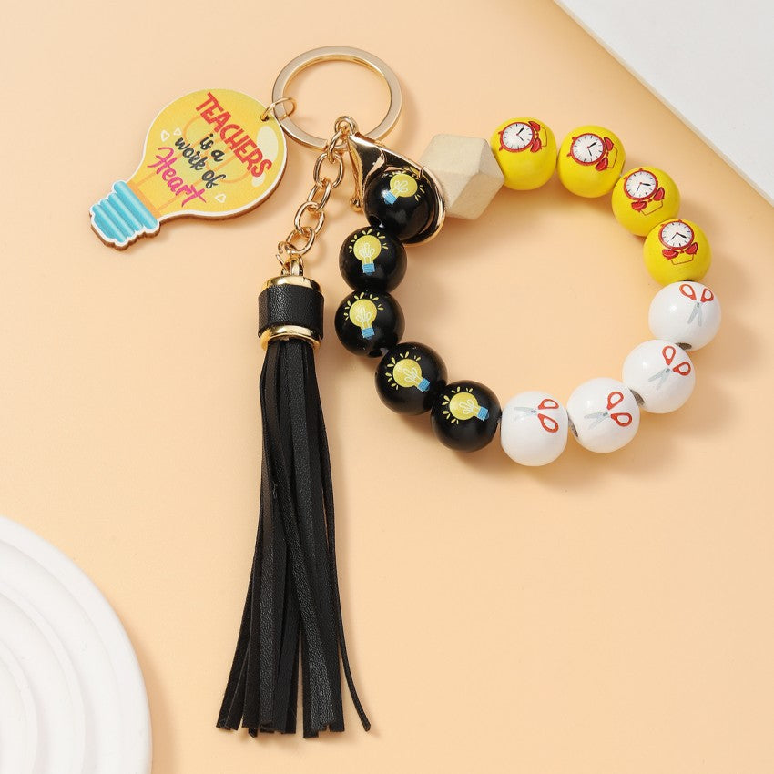 Wholesale Acrylic Fresh Color Tassel Apple Wood Brand Beaded Bracelet Keychains Wristlet Keychain ACC-KC-RongR069
