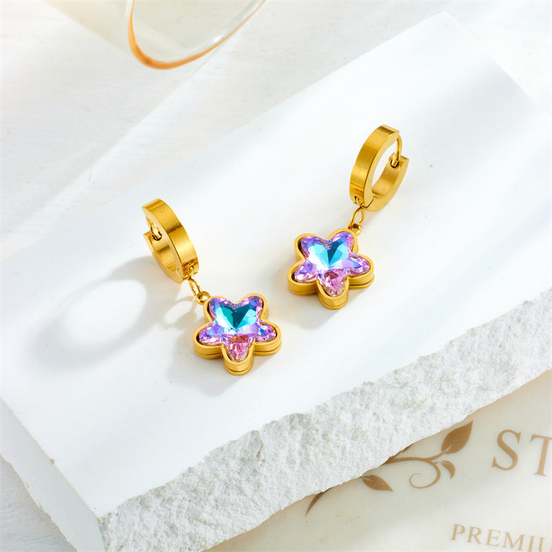 Wholesale Colorful Purple Rhinestone Butterfly Gold Plated Titanium Steel Earrings ACC-ES-QianYue007