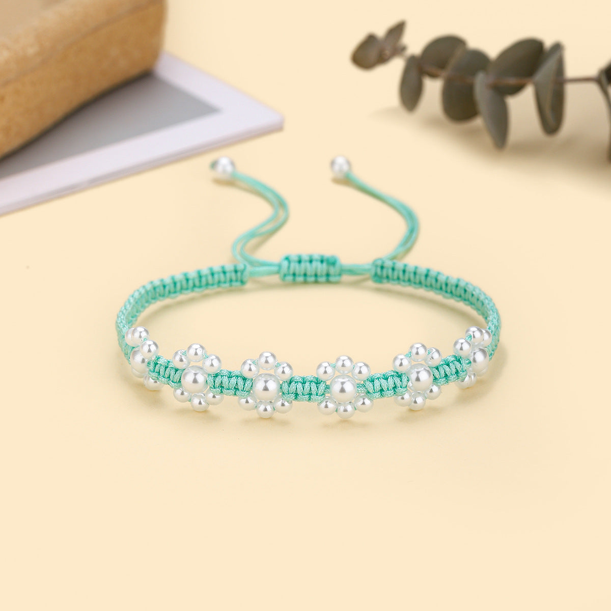 Wholesale  Pearl Handmade Woven Flat Knot Flower Bracelet
