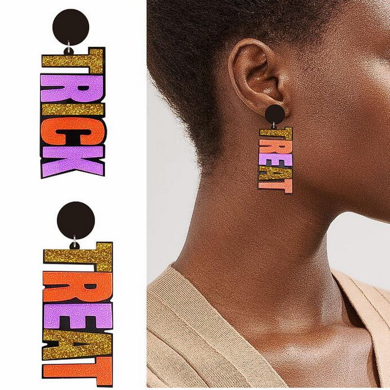 Wholesale Halloween Asymmetric Glitter Letter Horror Pumpkin Knife Ghost Skull Skeleton Spider Acrylic Exaggerated Earrings