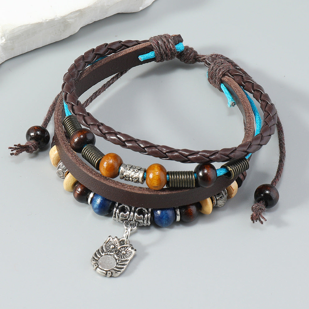 Wholesale Vintage Owl Pendant Beaded Leather Bracelet - Unisex Adjustable Leather Jewelry Accessory