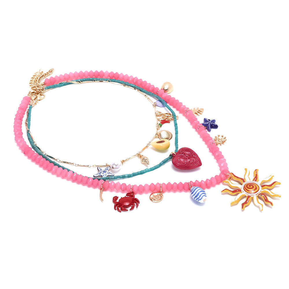 Wholesale Light Luxury Handmade Beaded Multi-layer Color Sun Love Crab Starfish Pendant Necklace