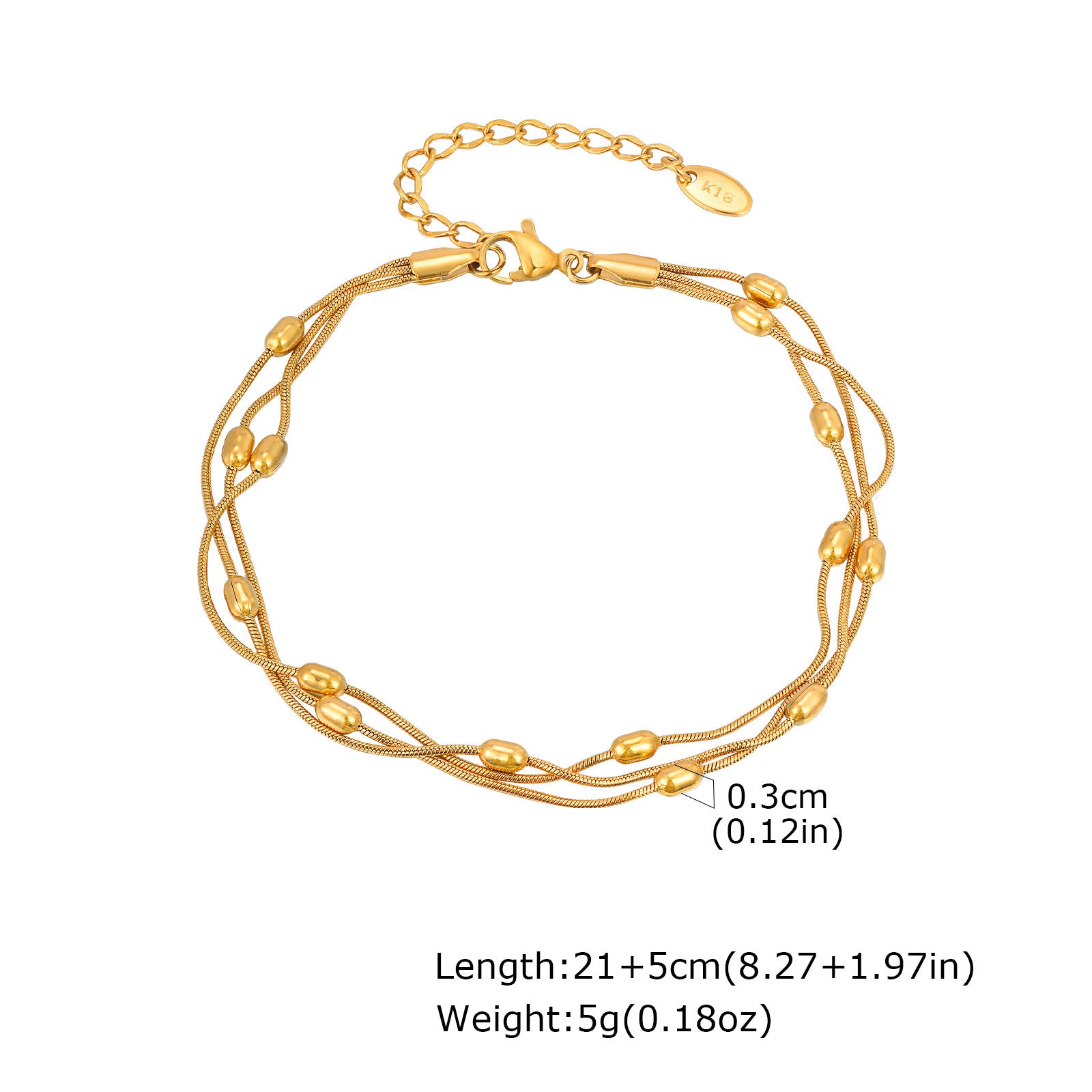 Wholesale Trendy Gold Bracelet For Women Stainless Steel Snake Chain Three Layer Rice Beads Fashion Jewelry Gift