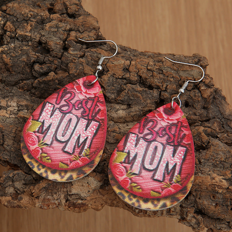 Wholesale Mother' s Day MOM Letter Teardrop Leather Rose Flower Leopard Print Earrings