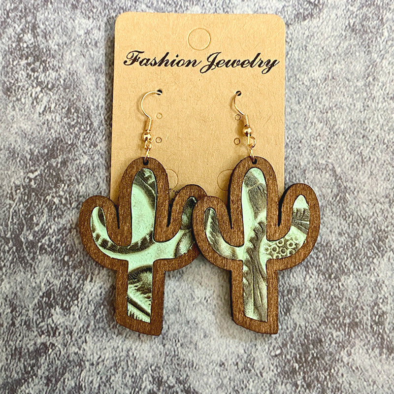 Wholesale Western Vintage Cactus Inlaid Wood Earrings ACC-ES-XinChuan064