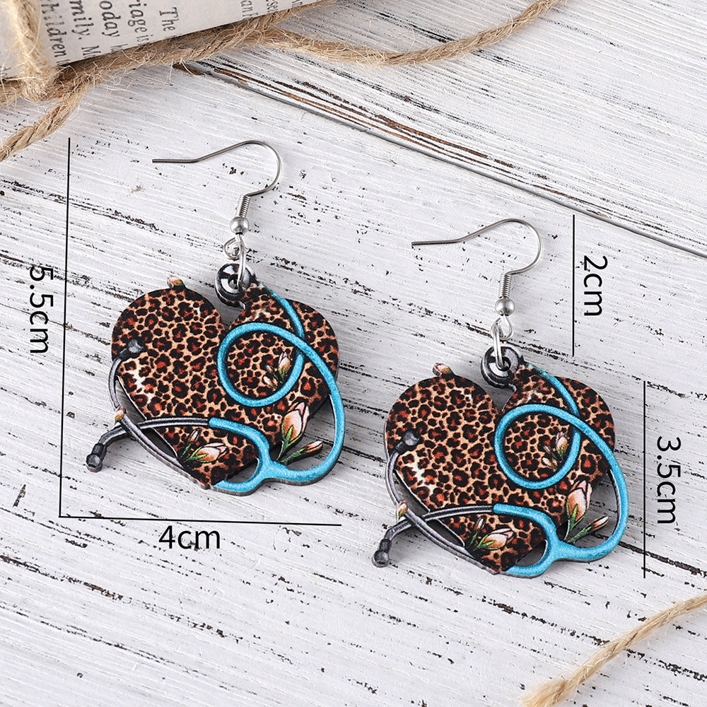 Wholesale Nurses'  Day Wooden Double-Sided Earrings  Western-Style Stethoscope &  Leopard-Print Heart Pendant Earrings