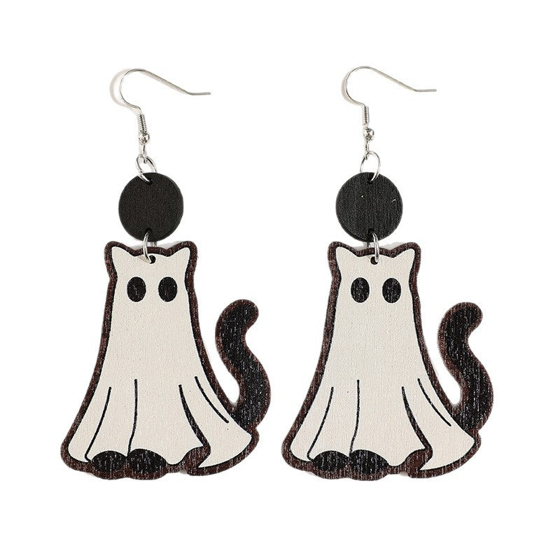 Wholesale  Cute Ghost Cat Wooden Earrings