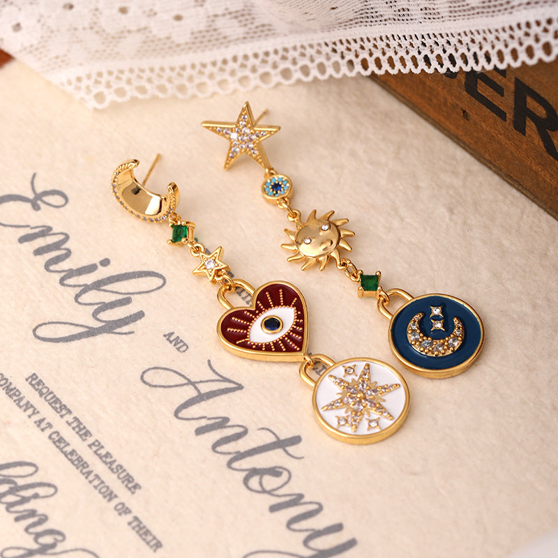 Wholesale Zirconia Star and Moon Series Asymmetrical Long Tassel Earrings