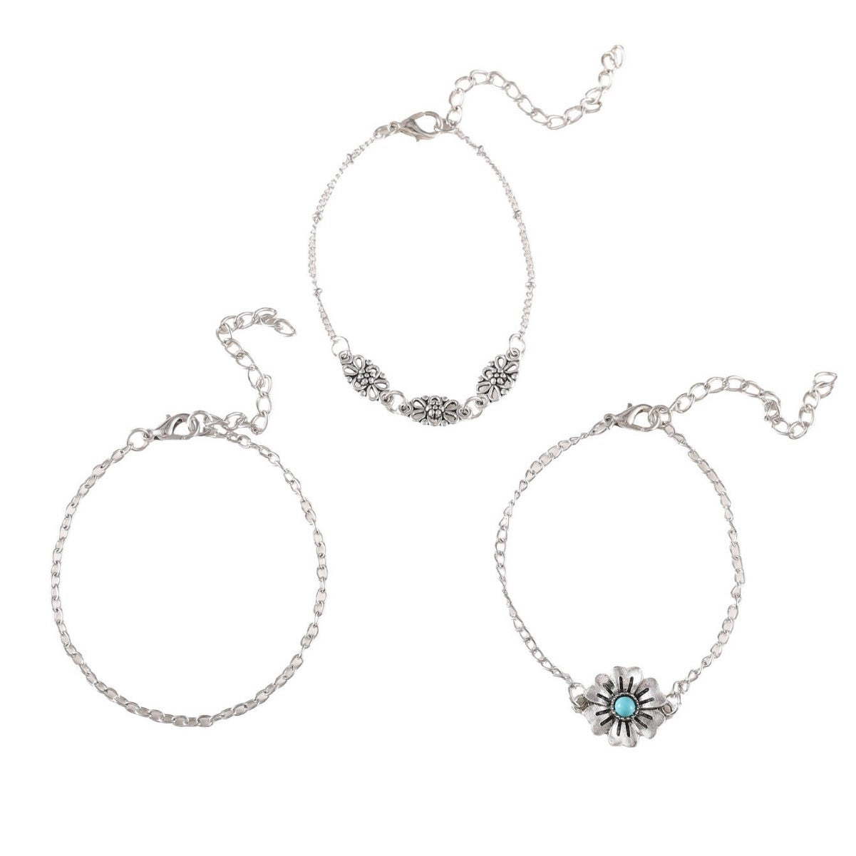 Wholesale 3-piece Stackable Zinc Alloy Electroplated Bohemian Style Turquoise Flower Openwork Bracelet Set