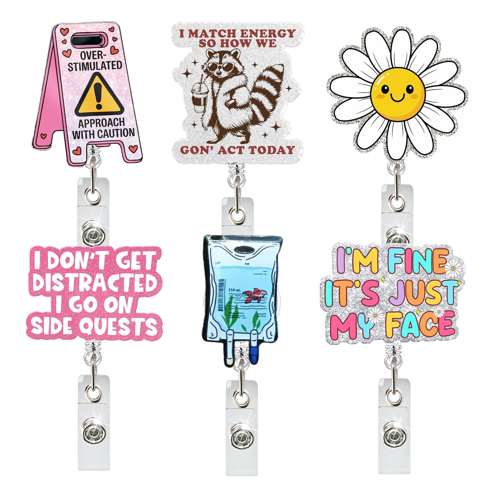 Wholesale Humorous Flower Quote Retractable Badge Reel Rotating ID Card Clip Acrylic ABS for Medical Staff Decorative Bag Charm