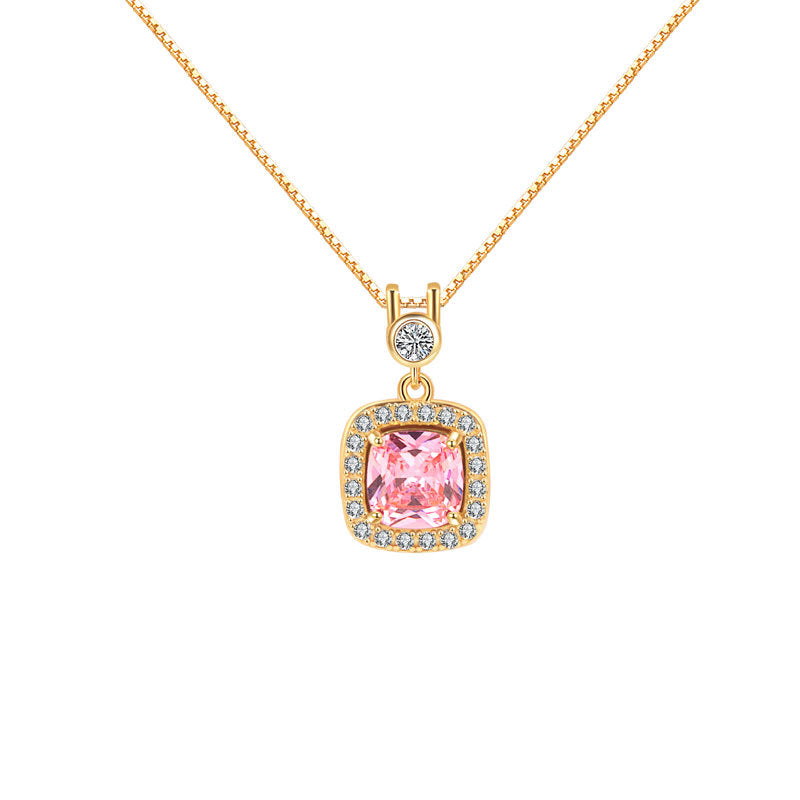 Wholesale All-match zircon square sterling silver necklace luxury pink diamond necklace