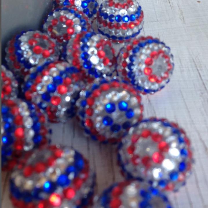 Wholesale 5PCS 20MM National Day Stripe Rhinestone Resin Beads Bubblegum Beads