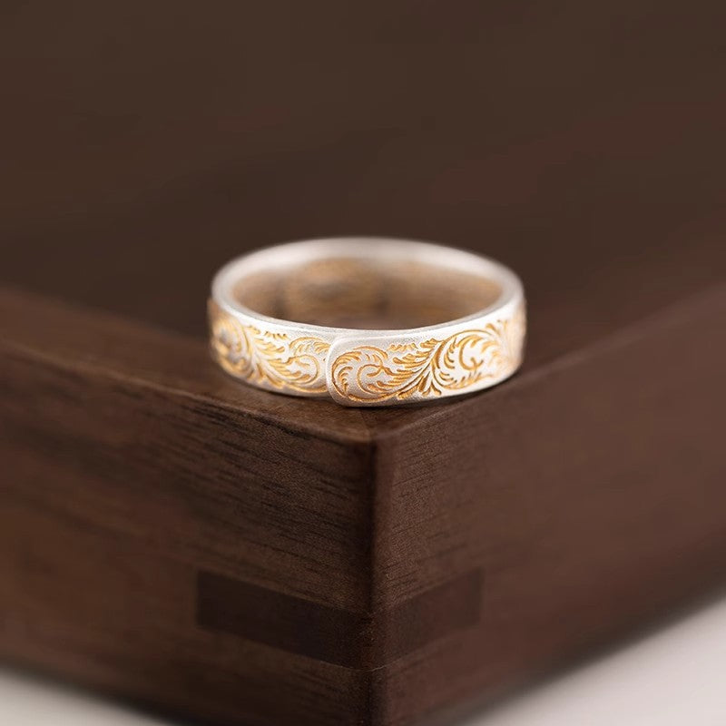 Wholesale  Silver 9999  Grass Pattern Gold-painted Solid Open Ring