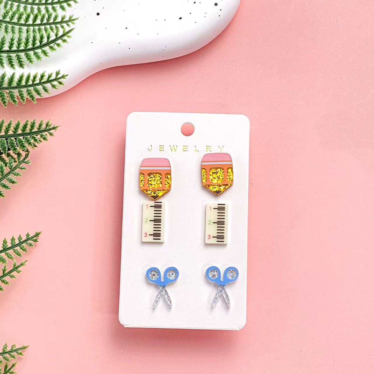 Wholesale Teachers' Day  Acrylic Earrings Cute Pencil Apple Earth Sketchpad  Earrings suit