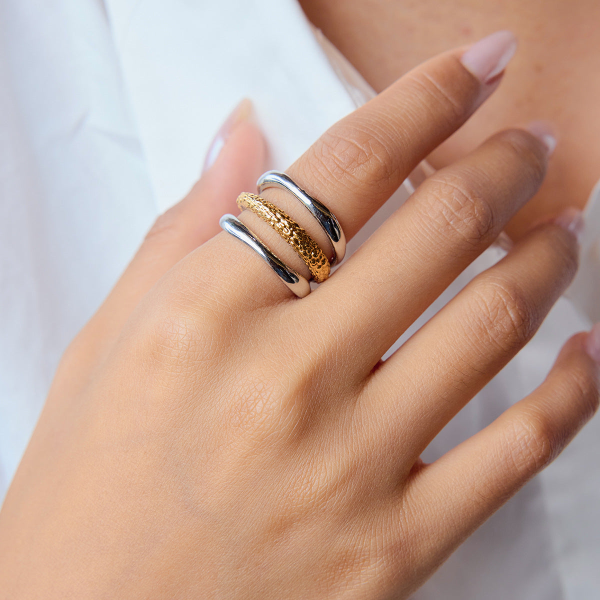 Wholesale 18K gold and stainless steel gold and silver three-layer hollow  open ring