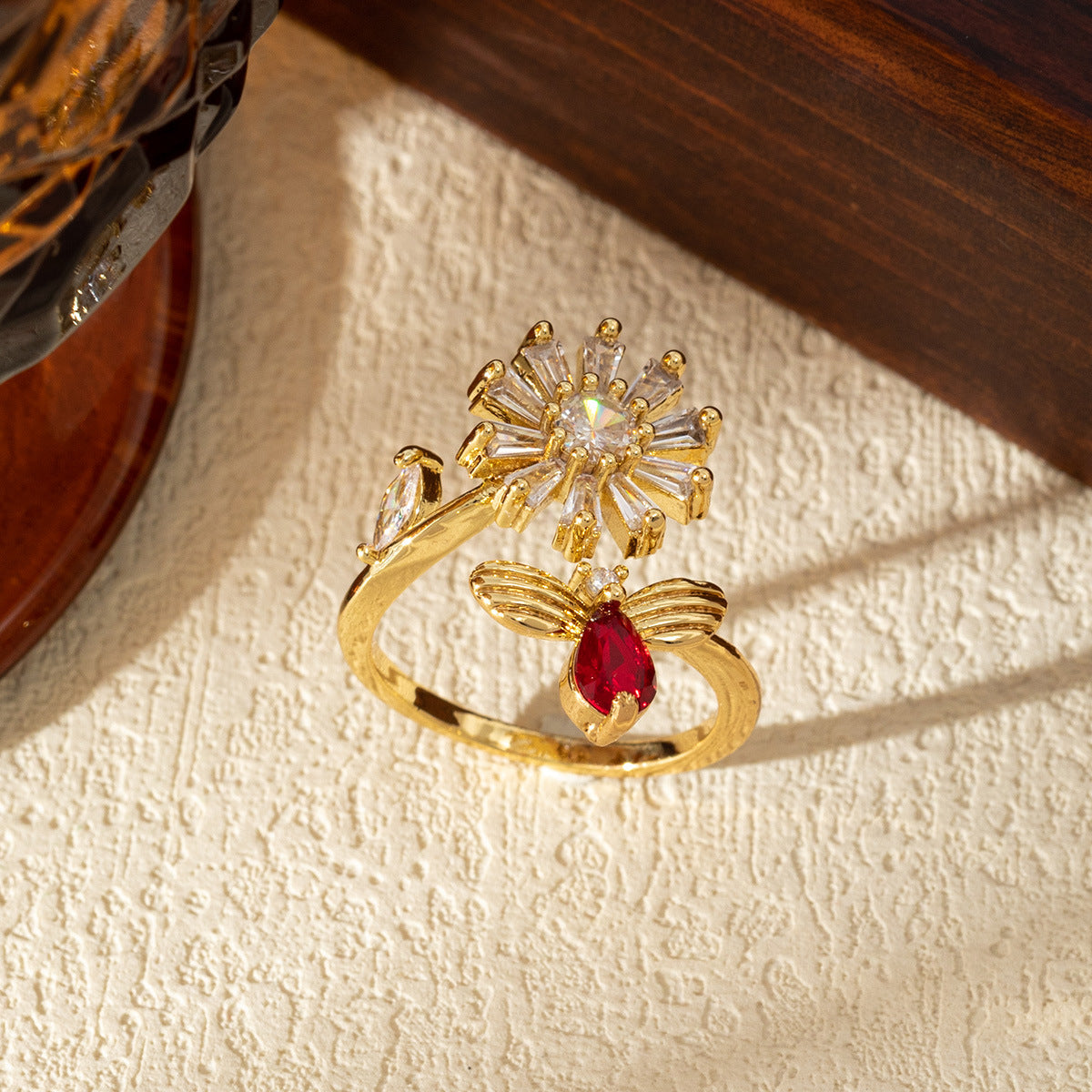 Wholesale Open Adjustable Flower Ring Copper Zircon Chic Jewelry Accessory