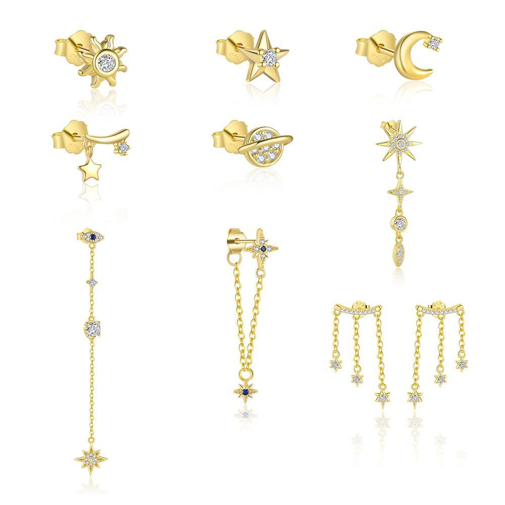 Wholesale s925 sterling silver star moon micro tassel earrings