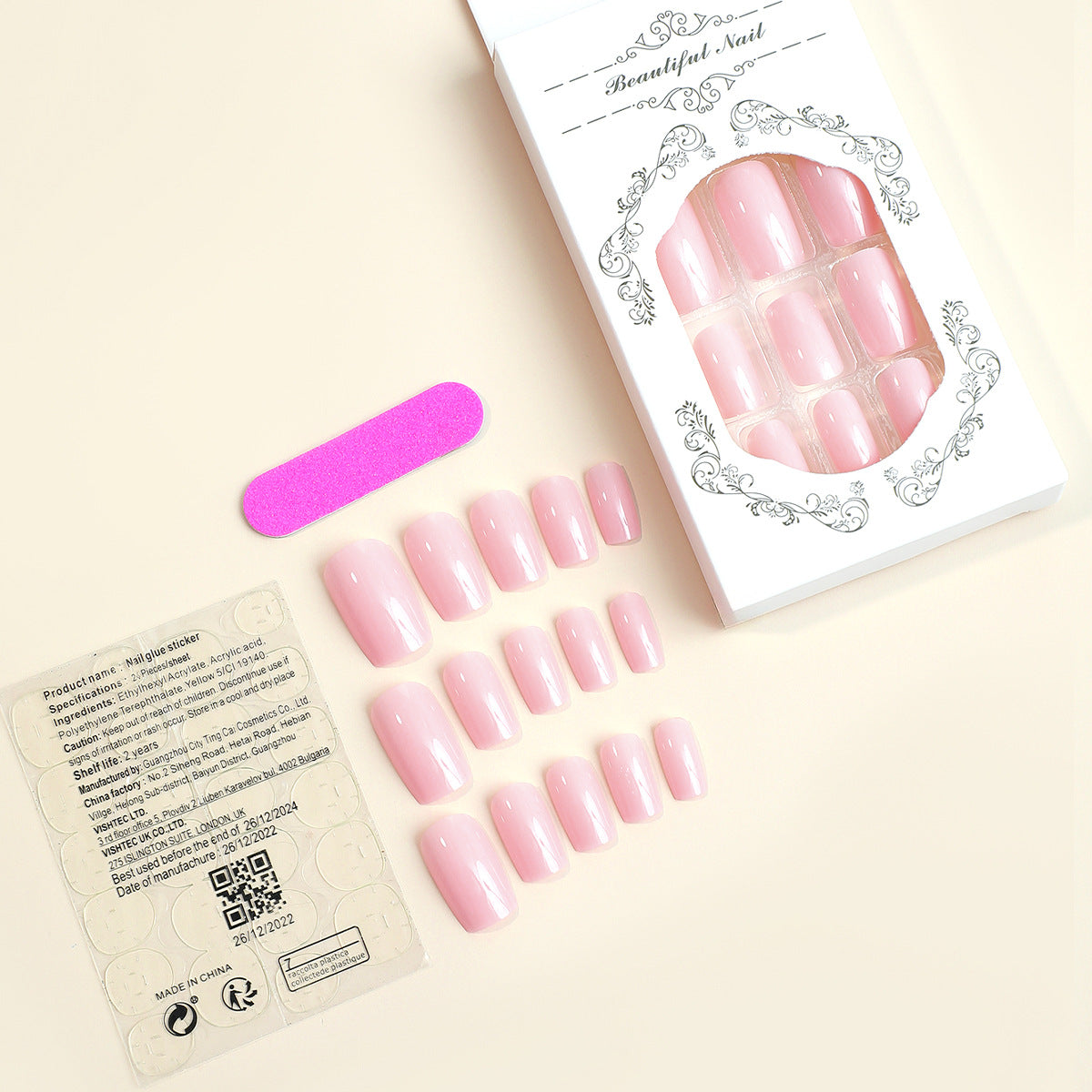 Wholesale 24 Pieces/box Nail Stickers Rectangular Pink Wearable Nail Press-on Nails Kits ACC-NS-HaoYi027
