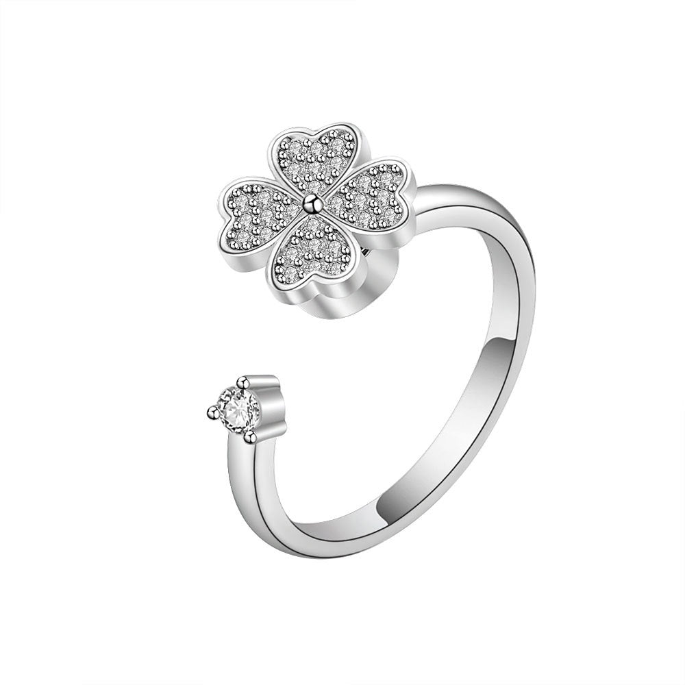 Wholesale  S925 sterling silver anxiety rotating ring adjustable rotating Clover zircon ring