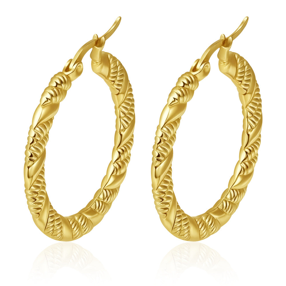 Wholesale Embossed Round Earrings Stainless Steel Gold Plated Everyday Wear Jewelry Accessory