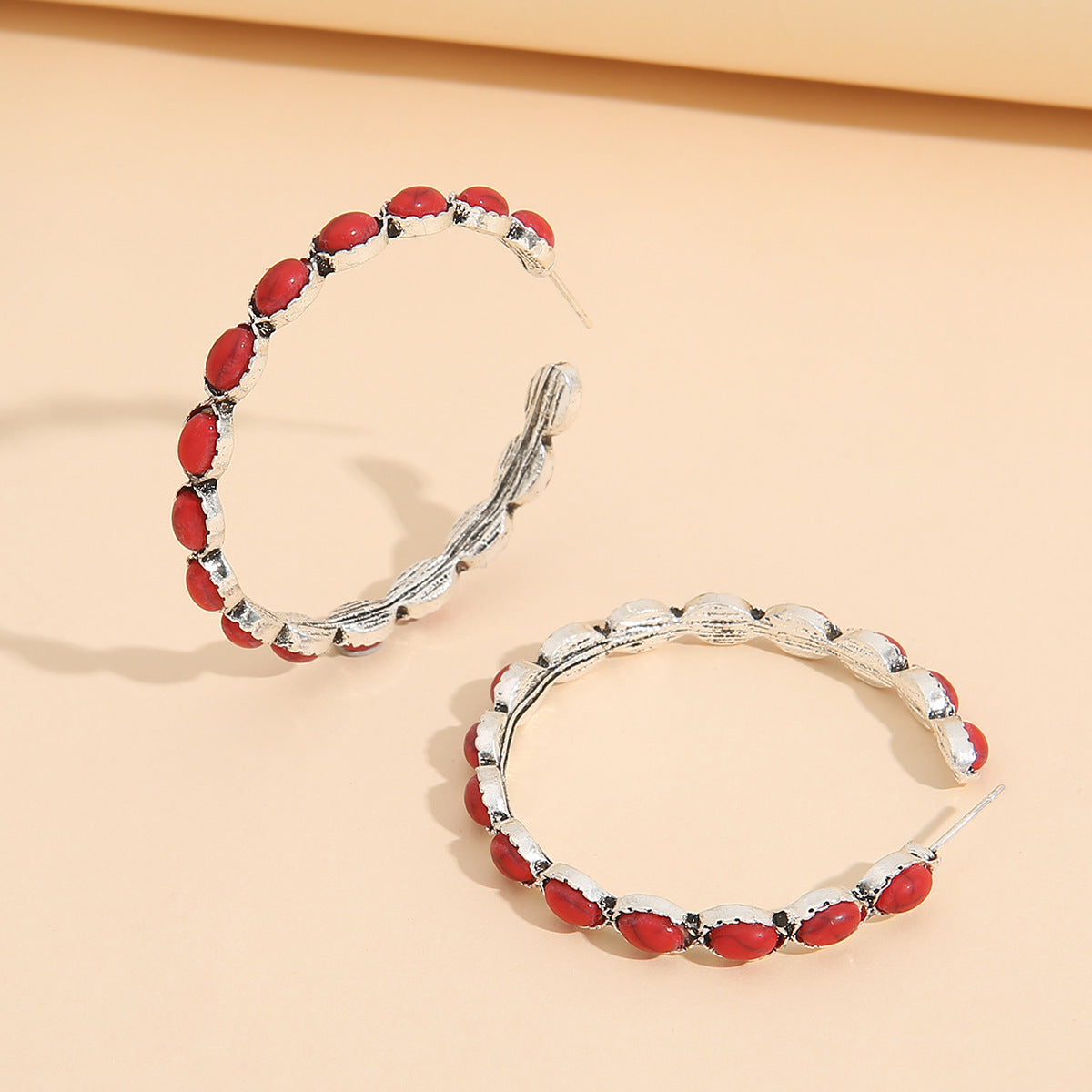 Wholesale Geometric Turquoise Stone Circle Earrings Retro Exaggerated C Hoop Earrings For Women Alloy Party Jewelry Accessory