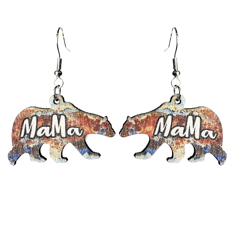 Wholesale 2 pairs/pack Mother's Day MAMA Bear Retro Distressed Wooden Earrings ACC-ES-HY003