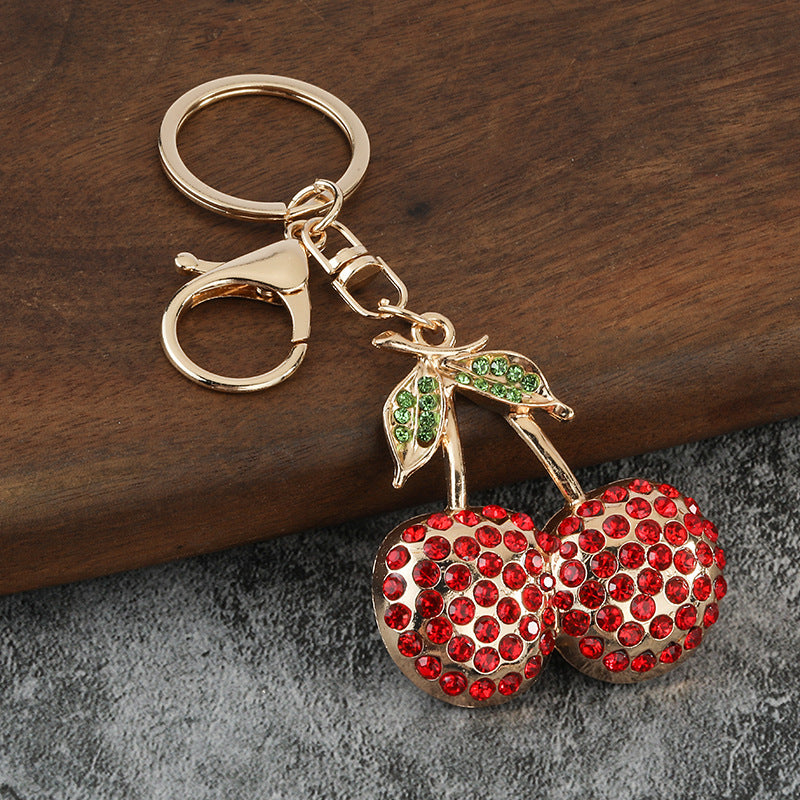 Wholesale Zinc Alloy Cherry Rhinestone Keychain Fruit Key Ring Stylish Bag Charm Gift for Wedding Boutique Resale