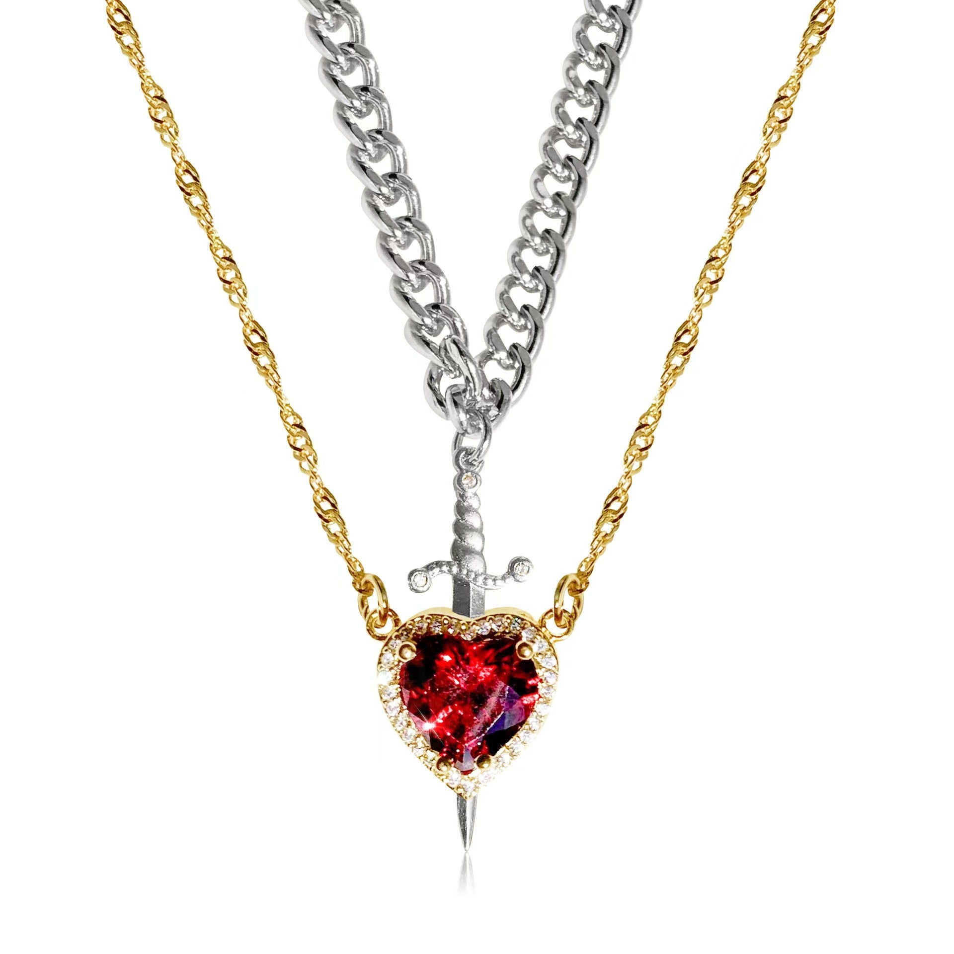 Wholesale  Creative One Arrow Through Heart Couple Pendant suit Love Dagger Diamond Clavicle Chain