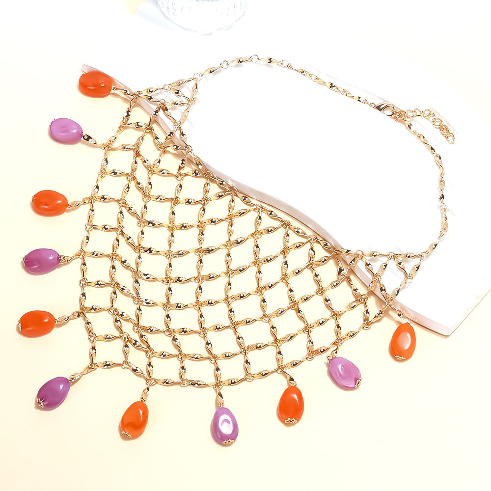 Wholesale Ocean Style Hand-Woven Metal Mesh Colorful Bead Pendant Necklace
