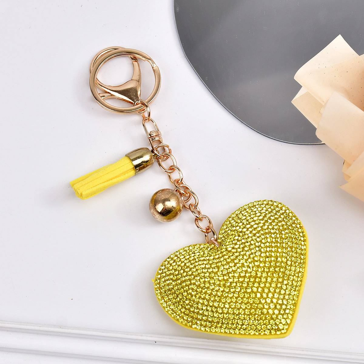 Wholesale  Peach Heart Rhinestone Leather Keychain