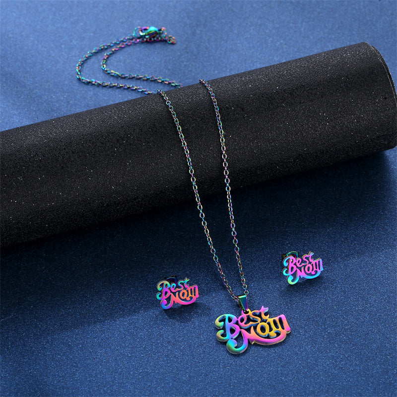 Wholesale Titanium Steel Electroplated Color Best Mom Pendant Stainless Steel Earrings Necklace Set Mother's Day ACC-ES-MinM019