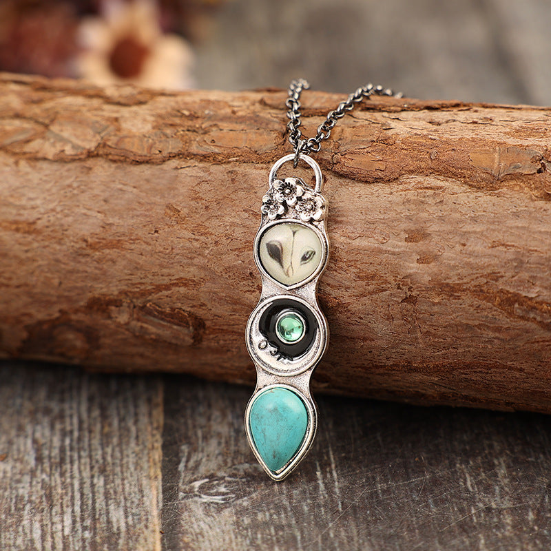 Wholesale Vintage style owl inlaid synthetic turquoise long bohemian alloy necklace