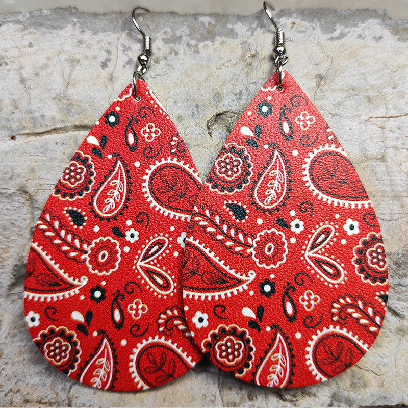 Wholesale 2 Pairs/pack Western Style Cow Sunflower Leopard Print Cross Drop-shaped Leather Earrings ACC-ES-HY054