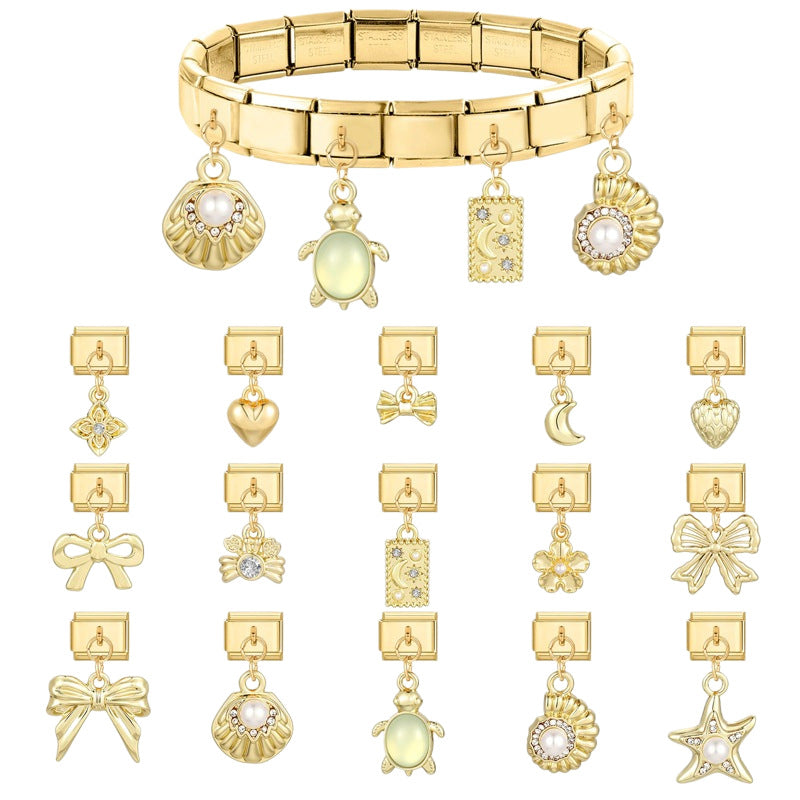 Wholesale Gold Electroplated Stainless Steel DIY Bracelet Pendant Set with Bowknot Heart Starfish Pearl Jewelry Accessory