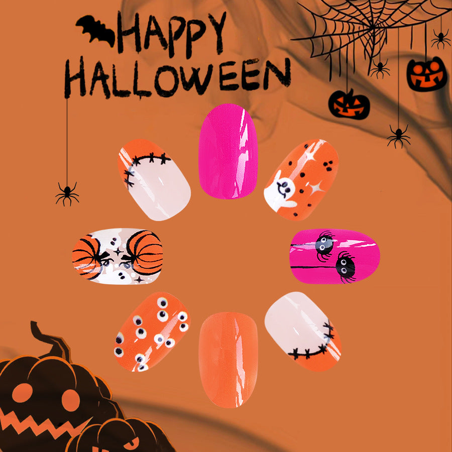 Wholesale 24 Pieces/box Halloween Pumpkin Orange Ghost Press-on Nails Kits Nail Stickers ACC-NS-GuaiXL078