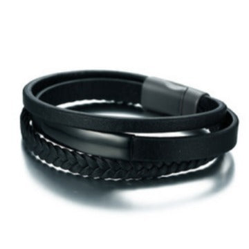 Wholesale Stainless steel leather bracelet 20. 5CM stainless steel three-ring Bracelet Men' s Korean-style black bracelet