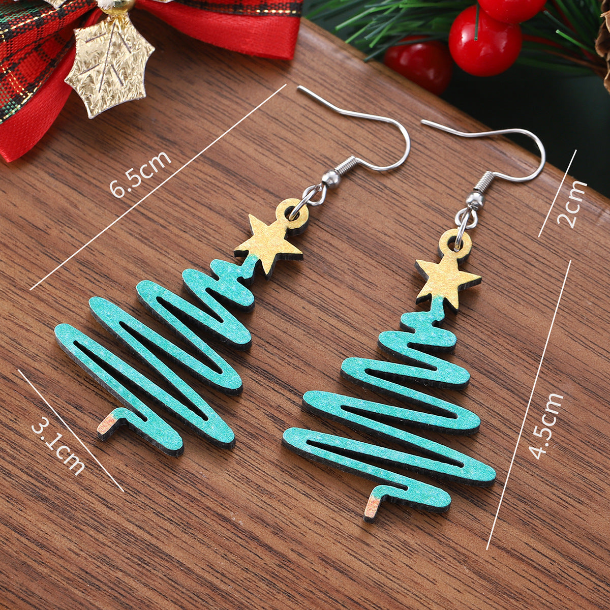 Wholesale Christmas star Christmas tree pendant earrings wooden double-sided creative  earrings