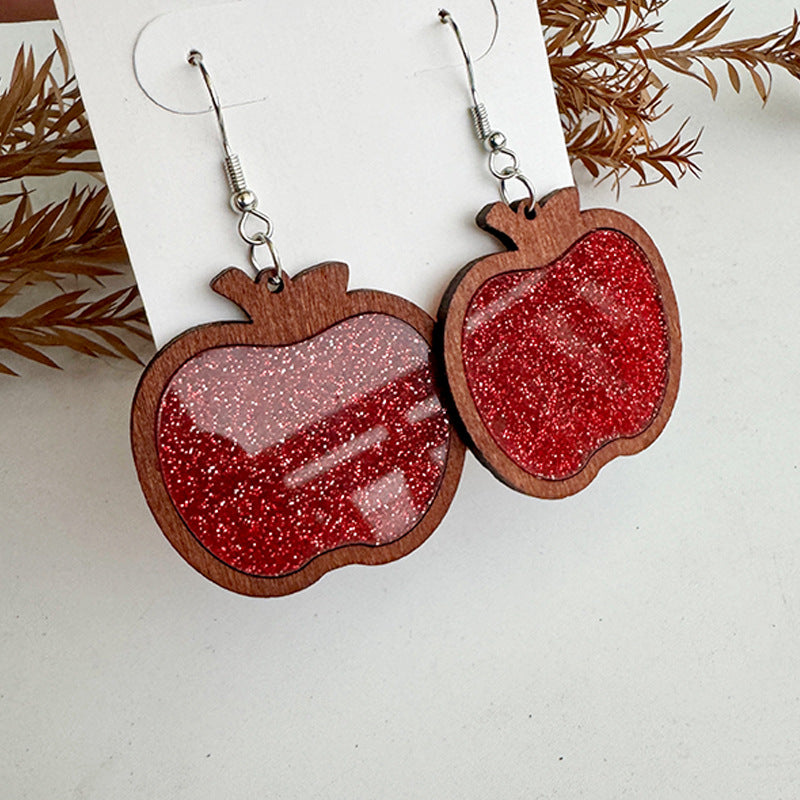 Wholesale Wood Frame Inlaid Acrylic Glitter Apple Earrings ACC-ES-XinChuan054
