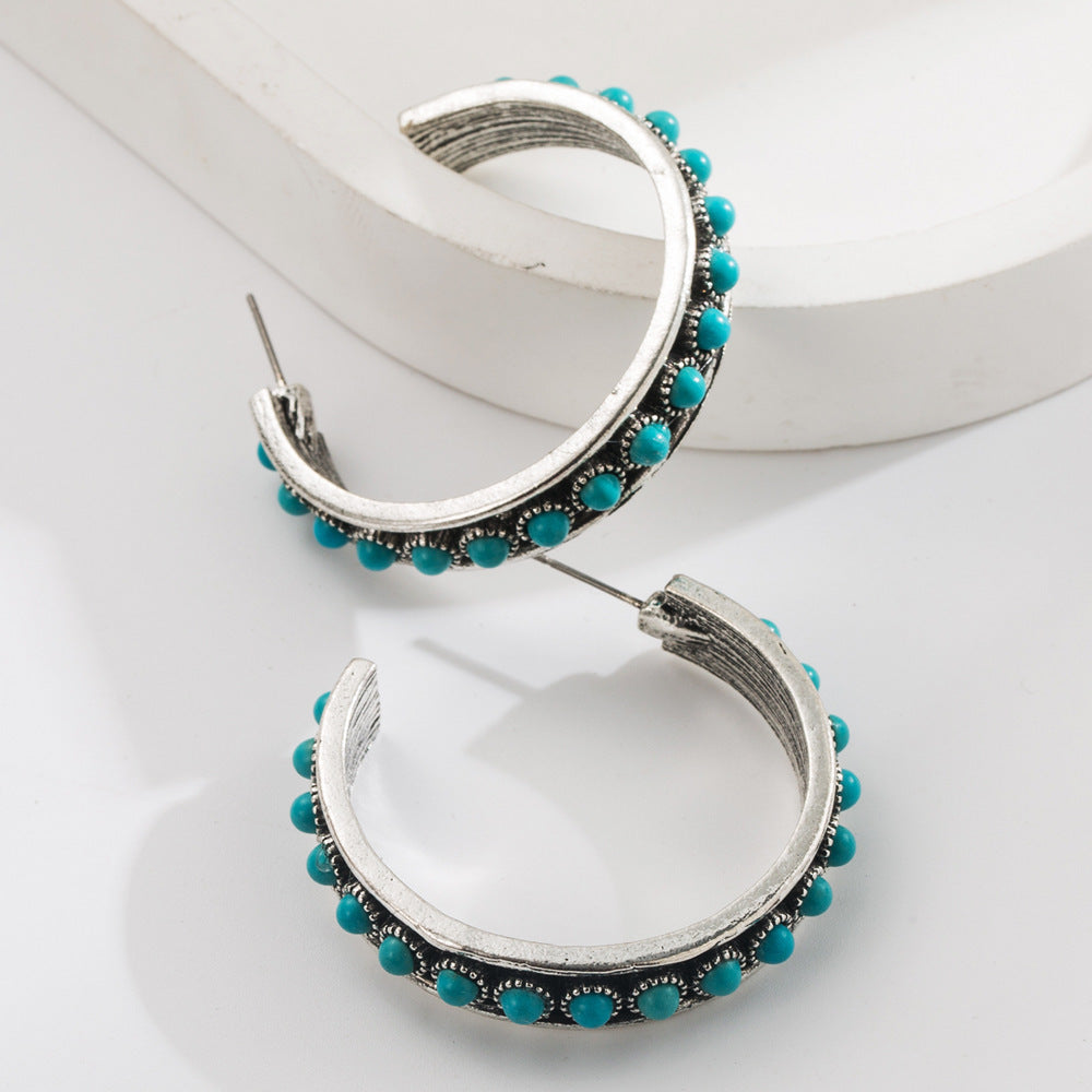 Wholesale Bohemian C-Shape Earrings Turquoise Inlay Zinc Alloy Jewelry Accessory Gift