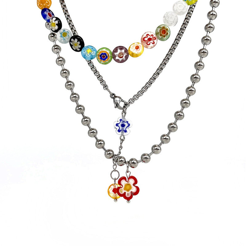 Wholesale Rainbow Glass Flower Stacking Necklace Titanium Steel Necklace ACC-NE-Yuxi010